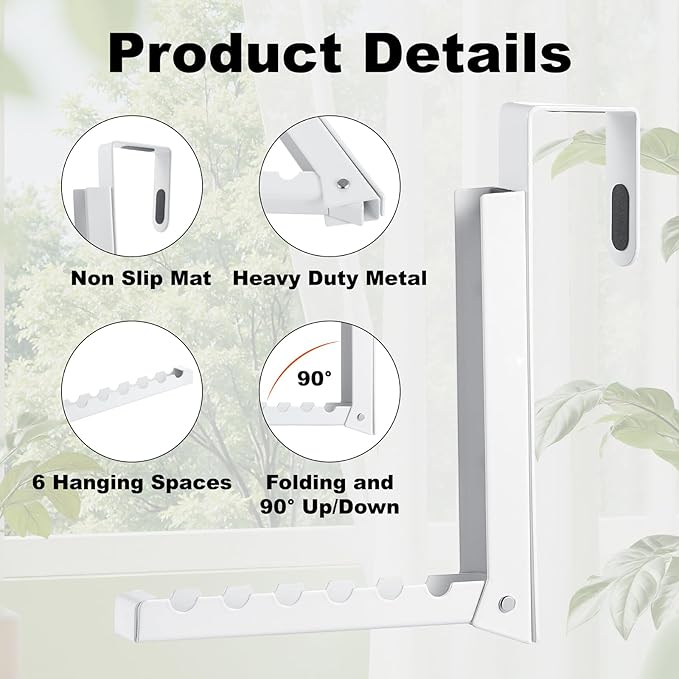 Over The Door Hooks Hanger for Clothes, 1 Pack Foldable Over The Door Drying Rack for Laundry, Overdoor Hanger Hook with 6 Groves for Towel, Coat, White