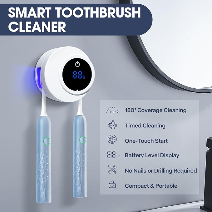 Toothbrush Holders Cleaner & Dryer for Bathroom,Wall Mounted Toothbrush Holder Case with LED Smart Screen,Toothbrush Cleaner with Auto Inductive Open/Close Cover for Home Travel (White)