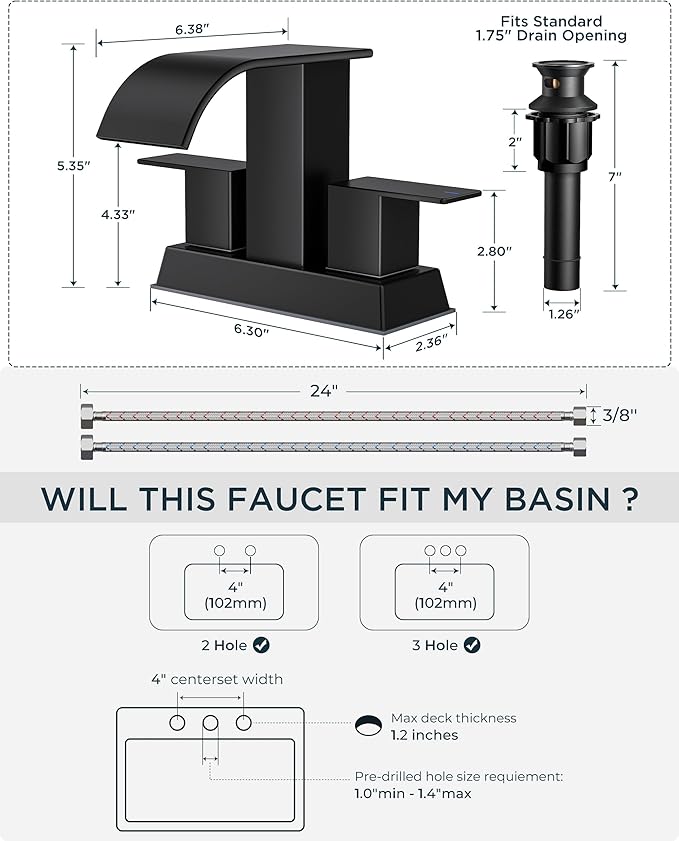 FORIOUS 4 Inch Centerset Matte Black Bathroom Faucet, 2 or 3 Hole Waterfall Square Bathroom Sink Faucet with Metal Pop-up Drain and Supply Lines, Two Handles for Vanity, Lavatory Room, Pedestal