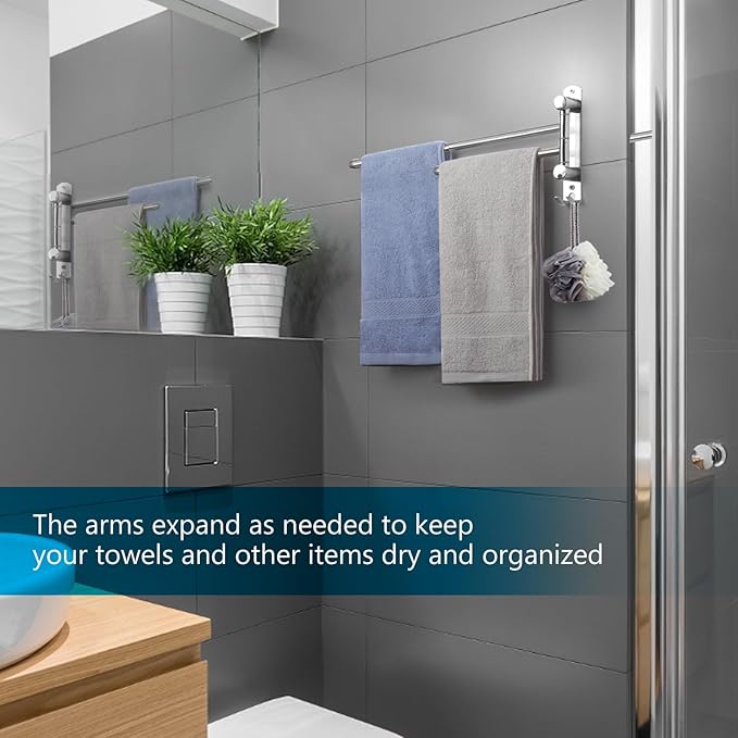 Bathroom Towel Rack JSVER SUS304 Stainless Steel Towel Rack, Adjustable 2 Arms Swivel Towel Holder, Wall Mounted Towel Racks for Bathroom