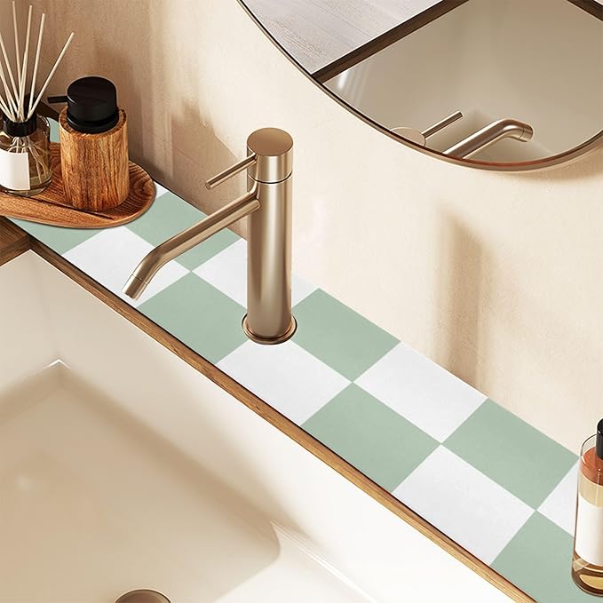 Kitchen Sink Splash Guard 2 PCS 14.7 Inch Sink Faucet Mat Splash Guard for Bathroom Countertop Water Absorbent Foldable Cuttable Soft Washable Checkered White and Green