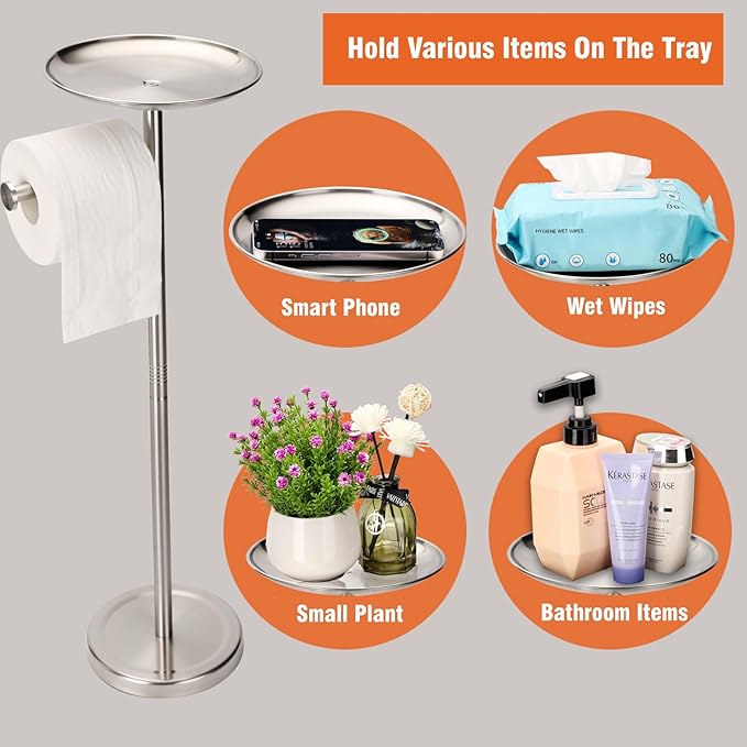 Tofix Freestanding Toilet Paper Holder with Shelf and Tray, Stainless Steel Base, Brushed Nickel