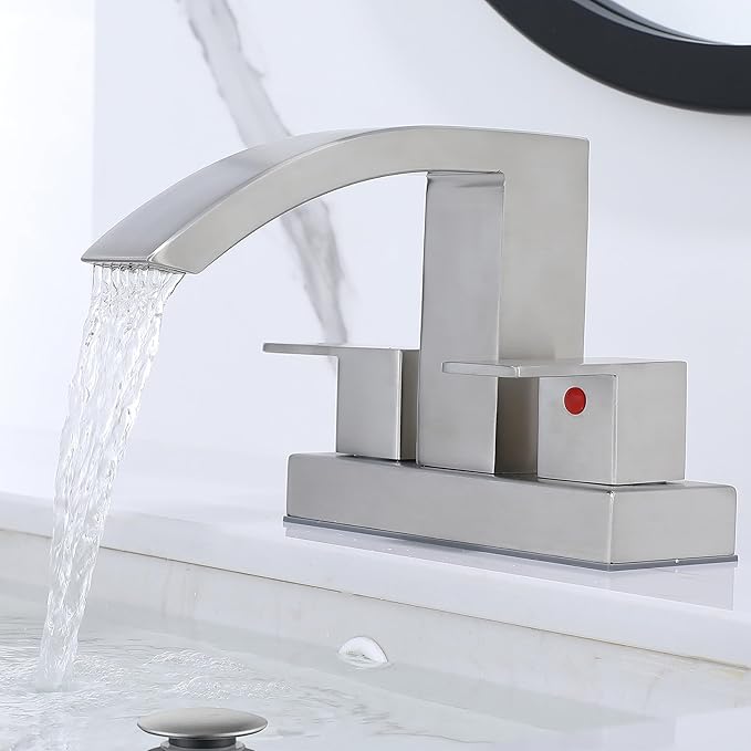 4 Inch Centerset Bathroom Faucet, 2-Handle Waterfall Sink Faucet 3 Hole, Brushed Nickel Vanity Faucet with Pop Up Drain & cUPC Supply Hoses,Waterfall Bathroom Faucet for Lavatory