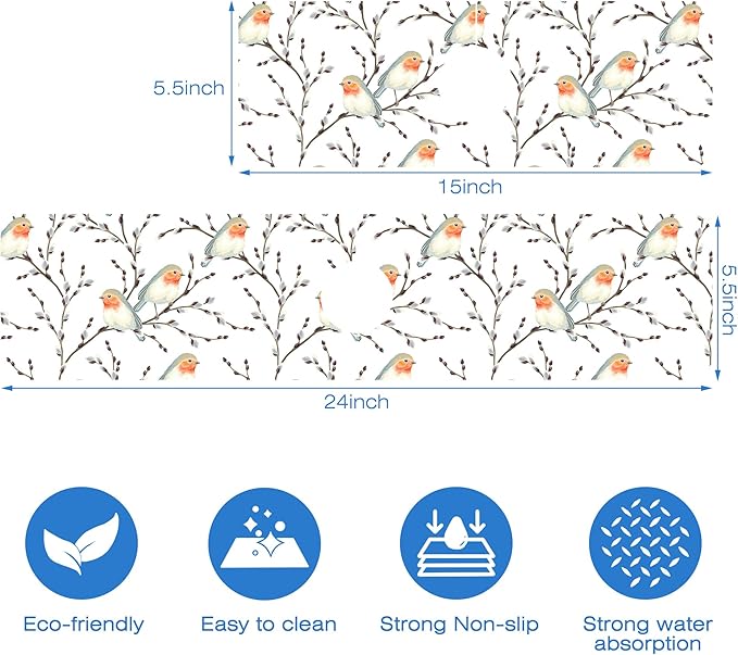 Willow Branches and Robin Dish Drying Mat for Kitchen Sink Splash Guard Behind Faucet Sink Mat Absorbent Fast Drying Faucet Draining Mat for Bathroom Kitchen 5.5"×24"