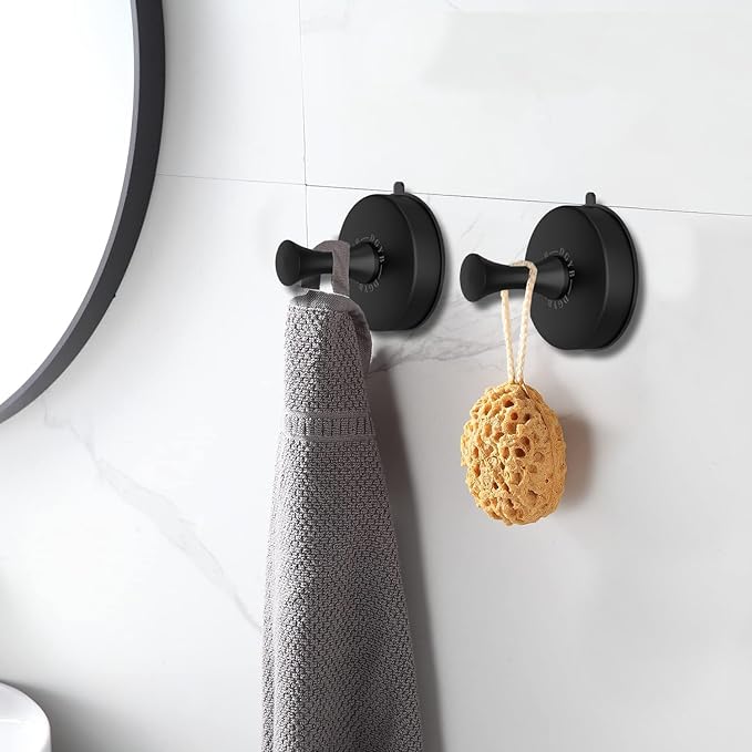 DGYB Suction Cup Hooks for Shower Set of 2 Removable Stainless Steel Towel Hook for Bathroom Glass Window Door Wall and Suction Wreath Hook for Hanging Robe, Loofah, Coat - Black