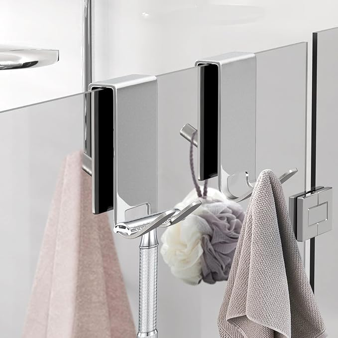 Shower Door Hook, Double-Sided Hook for Frameless Shower Doors (3.14 Inch), Heavy-Duty Stainless Steel Hook for Bathrobes and Towels, No Drilling or Adhesive Required, 2-Pack, Silver