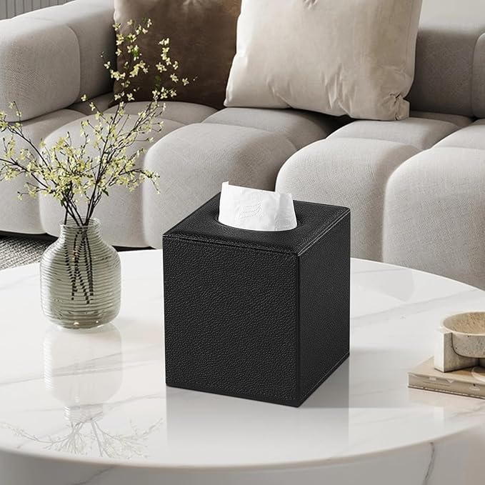 PU Leather Tissue Box Cover Square Tissue Box Holder with Magnetic Closure, Decorative Tissue Holder for Bathroom Bedroom Office (Black)