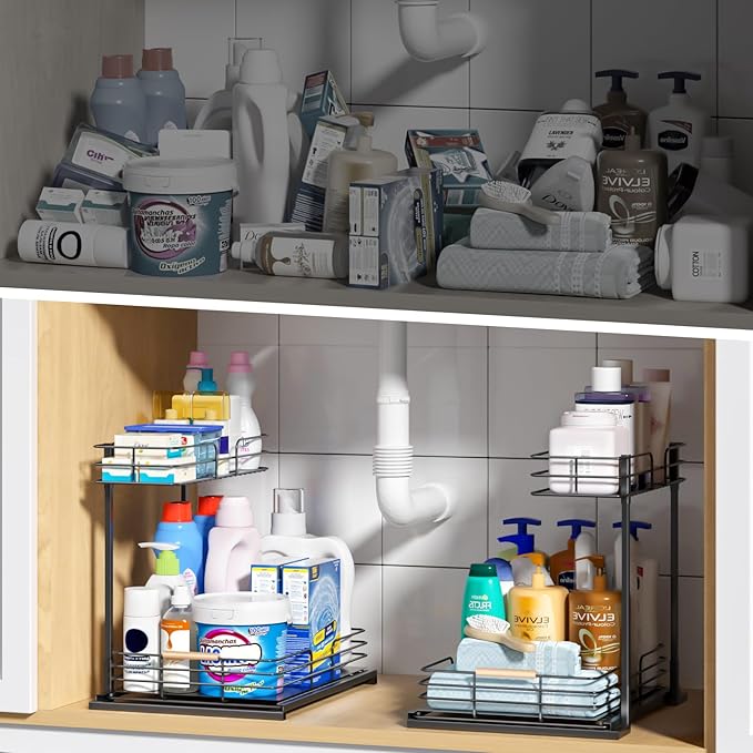 LAMU 2Pack Under Sink Organizers and Storage, 2 Tier Bathroom Kitchen Cabinet Organizers and Storage, Pull Out Under Sink Storage Kitchen Shelf Organizer for Under Counter Storage Organizer