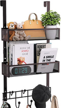 Consumest Over The Door Hooks Organizer - Extra Long Door Hanger with 9 Coat Hooks & 2 Mesh Basket, Back Storage Organizer Hanging Towels for Bathroom, Bedroom, Bronze (for 1.76in Doors)
