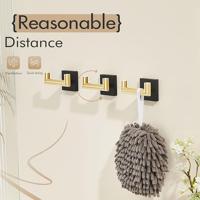 KOKOSIRI Robe Hooks Bath Towel Hooks Bathroom Hardware Double Coat Hooks Wall Mounted, Stainless Steel 3 Pack Black with Gold B1015GDK-P3
