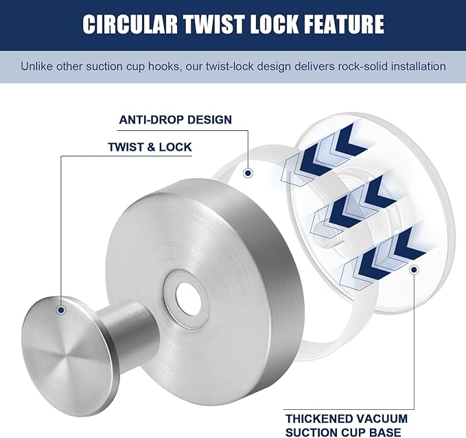Silver Waterproof Suction Cup Hooks, 2-Pack Heavy Duty Stainless Steel No Drill Shower Hooks for Hanging Towels, Robes, Loofahs, Holder Holds Strong on Tile, Glass, Mirror, Wall, Bathroom Door