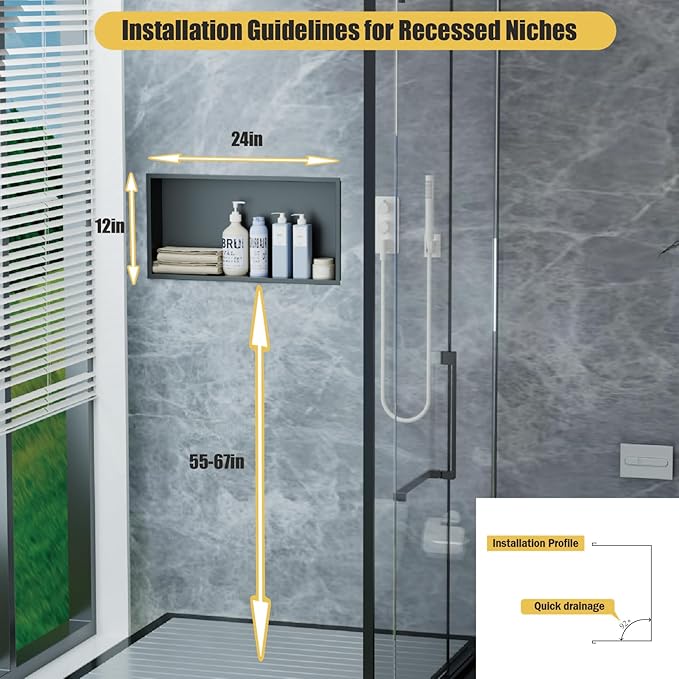 Shower Niche 24"x12"，No Tile Needed，Stainless Steel Niche Bathroom for Shower Wall，Matte Black （ 24 x 12 in）
