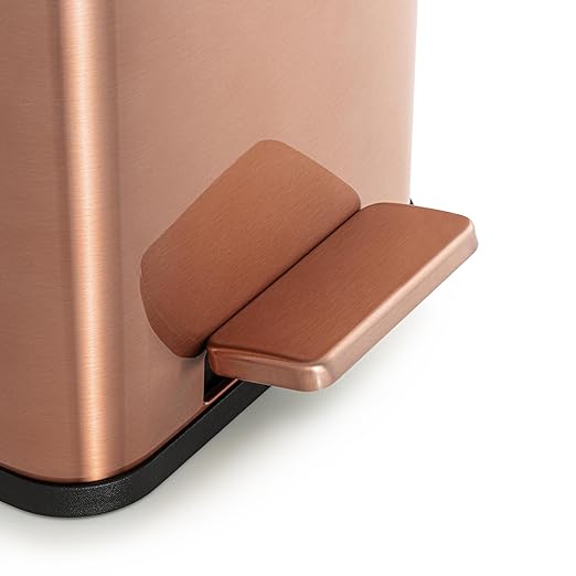 RED FACTOR Slim 2.6 Gallon Stainless Steel Pedal Trash Can with Soft Close Lid for Narrow Spaces – Wastebasket Bin with Removable Inner Bucket for Bathroom, Kitchen, Bedroom or Office (Copper)
