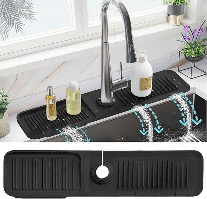 Kitchen Sink Splash Guard,5°slope sink splash guard behind faucet，24in Faucet Mat Splash Catcher，Longer Silicone Sink Mat，Mat Protectors for Kitchen Sink (Black, XL)
