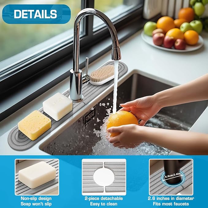 Diatomite Stone Faucet Mat For Kitchen Sink-Absorbent Fast Drying Stone Sink Tray,Faucet Splash Guard Counter,Quick Dry Sink Mat Around Faucet For Kitchen & Bathroom (Light Gray-Oval,23.6" x 4")