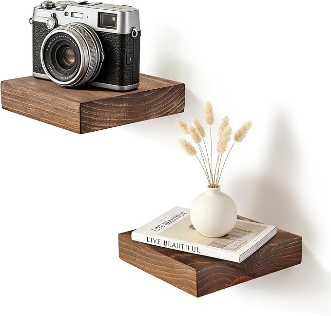 Floating Wall Shelves 6.8x6.8x1.7 Inch – Solid Wood Square Shelves in Dark Oak Finish – Rustic Mini Display Shelves for Entryway, Bathroom, Small Spaces – Set of 2