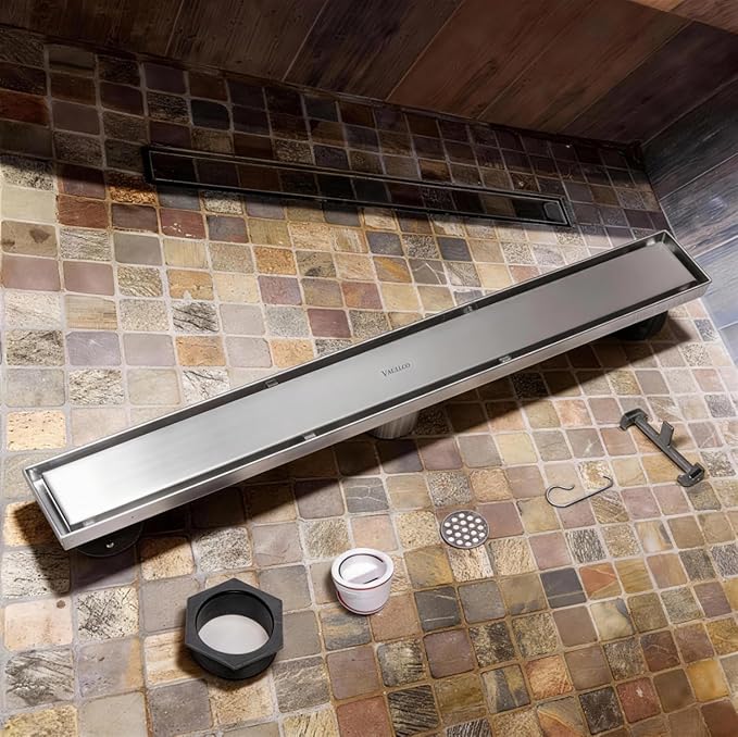 VANCOCO 24 Inch Linear Shower Drain, Brushed 304 Stainless Steel with 2-in-1 Tile Insert Grate, Adjustable Feet & Hair Strainer for Bathroom Remodel