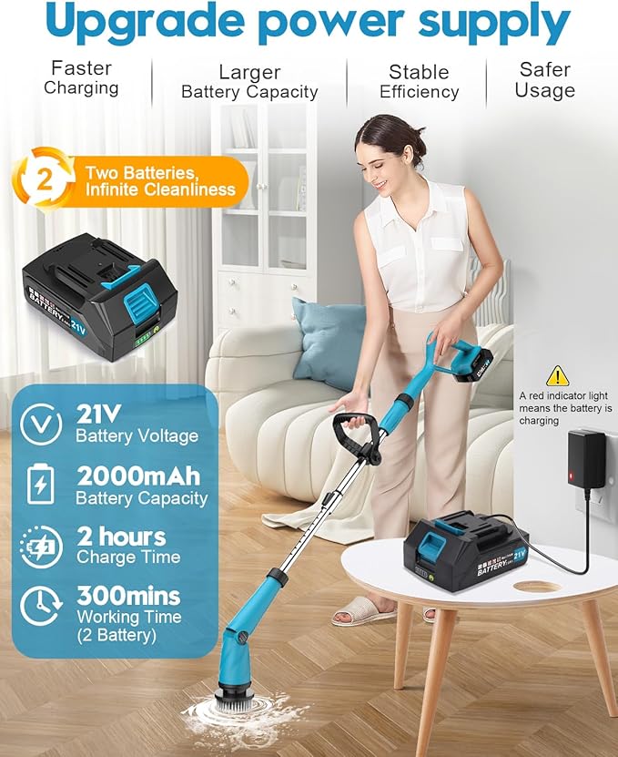 Updated 1500 RPM Battery Electric Spin Scrubber with Handle, 8 Replaceable Shower Scrubber & 2 Battery Powered Cleaning Brush with Display 3 Speed & Adjustable Handle Cordless Power Scrubber for Clean