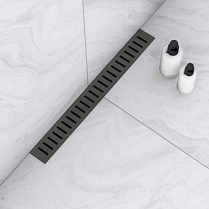 Linear Shower Drain 24 inch, Floor Drain with Removable Pattern Grate, 304 Stainless Steel Rectangular Linear Drain with Hair Strainer, CUPC Certified, Matte Black, SD-104