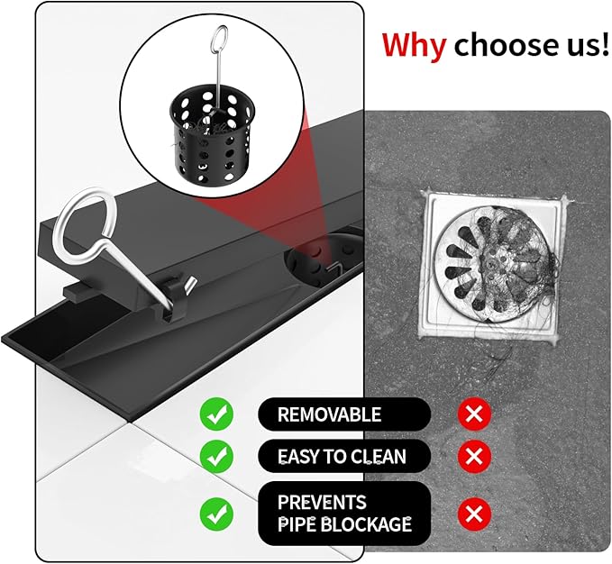 Linear Shower Drain, 304 Stainless Steel with Adjustable Leveling Feet, Hair Strainer,Reversely Install Place to Create an Invisible Floor Drain - Black -24-Inch