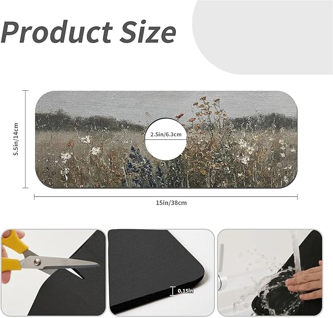 Kitchen Sink Splash Guard，Meadow wildflowers Faucet Mat Sink Gadgets-Super Absorbent Fast Drying Mat Drip Catcher for Kitchen, Bathroom,Sink Mat, Dish Drying Mat, Bathroom(15" X 5.5" )