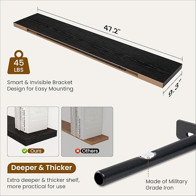 Fun Memories 48 Inch Deep Floating Shelves for Wall, 2 Pack of Long Wall Mounted Wood Shelves with Invisible Brackets for Bathroom, Bedroom, Living Room, Kitchen Decor and Storage, Black