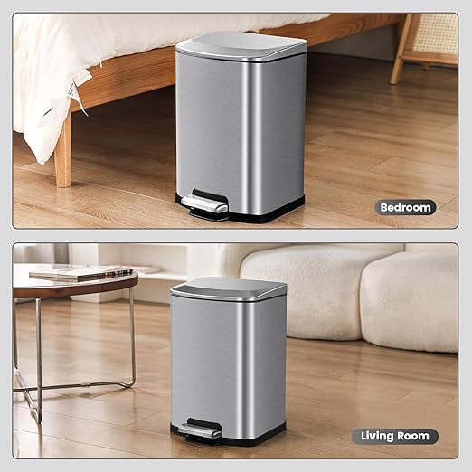 ELPHECO Bathroom Trash Can with Lid 4 Gallon / 15.1 Liter Stainless Steel Garbage Bin with Pedal Silver Trash Can with Removable Inner Bucket for Kitchen, Silver