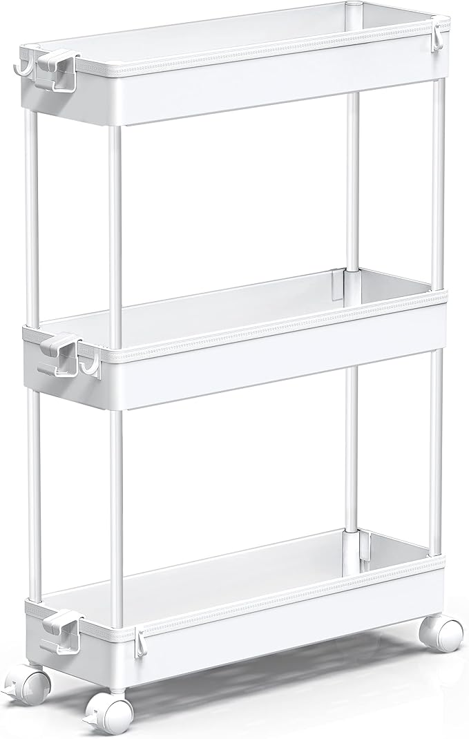 SPACEKEEPER Slim Rolling Storage Cart, 3 Tier Bathroom Storage Organizer Laundry Room Utility Cart Mobile Shelving Unit, Multi-Purpose for Kitchen Office Bathroom Laundry Narrow Places, White
