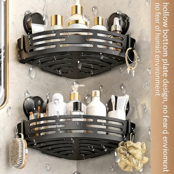 Triangle Suction Cup Shower Caddy, No-Drill Bathroom Corner Shelf, Small Bathroom Storage Cabinet, Easy To Install, Heavy-Duty Strong Hold Shower Storage Rack For Shampoo & Soap (Black*2)