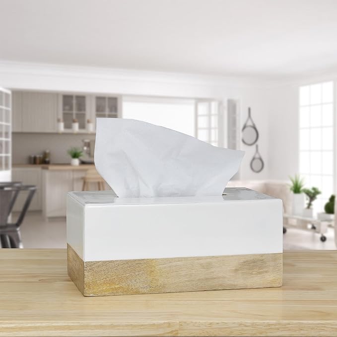 AuldHome Design Rectangular Tissue Box Cover (Enamel/Mango Wood); Minimalist Scandinavian Decor White Oblong Tissue Holder