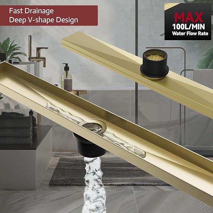 12 Inch Linear Shower Drain, Brushed Gold Shower Drain,Removable Grate, 304 Stainless Steel, Easy to Install and Clean for Bathrooms (Drain Base Not Included), LSD-04A-12G