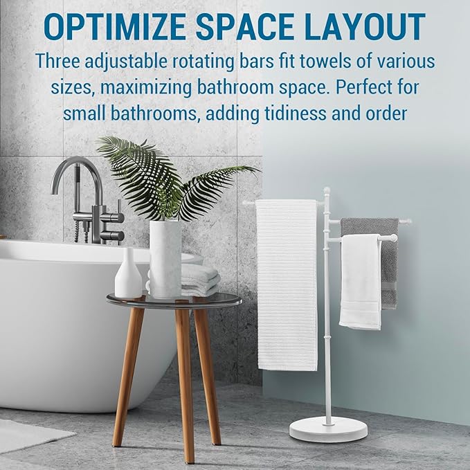 MyGift 40 Inch Bathroom Towel Holder, Matte White Metal Floor Standing Rack with 3 Swivel Bars, Spa Pool Hot Tub Valet Accessories Stand for Drying Towels