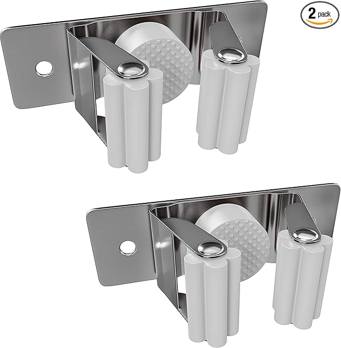 Self Adhesive Broom and Mop Holder Wall Mounted – SUS304 Stainless Steel 2-Slot Organizer with Anti-Slip Rubber Grips, 25lb Load, Adjustable for 0.6–1.4" Handles, Garage Kitchen Bathroom Use, 2 Pack