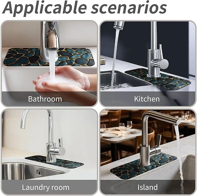 Kitchen Sink Splash Guard，Blue and gold stones Faucet Mat Sink Gadgets-Super Absorbent Fast Drying Mat Drip Catcher for Kitchen, Bathroom,Sink Mat, Dish Drying Mat, Bathroom(15" X 5.5" )