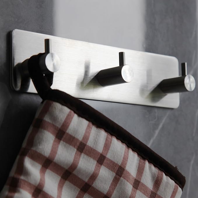 Self Adhesive Towel Hooks for Bathrooms Brushed Nickel Stick on Wall Bath Hanger Peel and Matte Shower Coat hook Mount 3 hooks, Silver