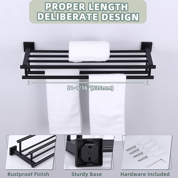Bathroom Towel Shelf with Bar, Angle Simple Stainless Steel Bath Towel Rack, Double Towel Holder with Shelf, Wall Mount Train Rack Matte Black 23.62 Inches
