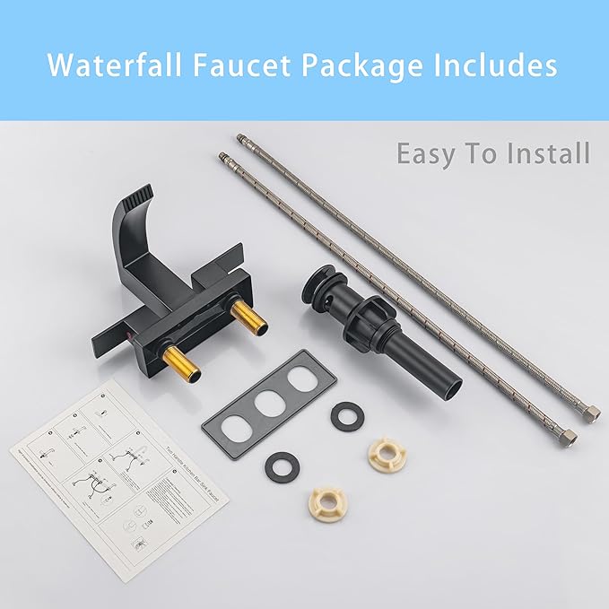 4 Inch Centerset Bathroom Faucet, 2-Handle Waterfall Sink Faucet 3 Hole, Matte Black Vanity Faucet with Pop Up Drain & cUPC Supply Hoses,Waterfall Bathroom Faucet for Lavatory