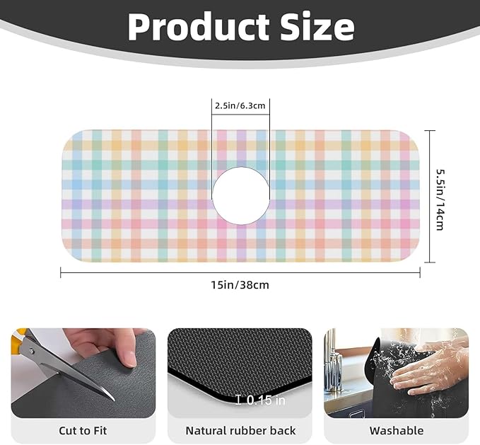 Happy Easter Colorful Buffalo Plaid Kitchen Sink Splash Guard Faucet Mat 1 Pcs, Absorbent Fast Drying Mat Gadgets Splash Guard For Bathroom 15 X 5.5 Inches