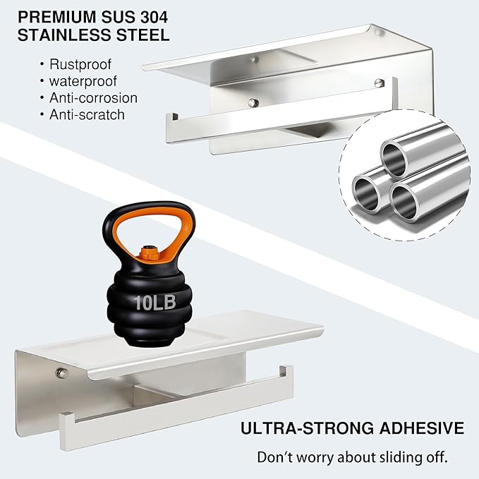 Alise Double Toilet Paper Holder,Bathroom Tissue Holder with Shelf,SUS304 Stainless Steel Toilet Paper Roll Holder Storage Dispenser,Self Adhesive or Wall Mount Drilling Paper Rack,Brushed Nickel