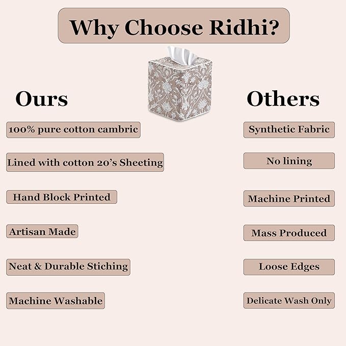Ridhi Taupe Block Print Tissue Box Cover Handmade Cotton Fabric Decorative Square Napkin Holder for Home Bedroom Living Room Bathroom Vanity Countertop Car Night Stands Office Kitchen