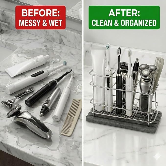 Toothbrush Holder for Bathroom Countertop, Stainless Steel Electric Toothbrush Organizer with Quick-Drying Diatomite Stone Mat, Rustproof Vanity Caddy for Toothpaste and Razors, Grey