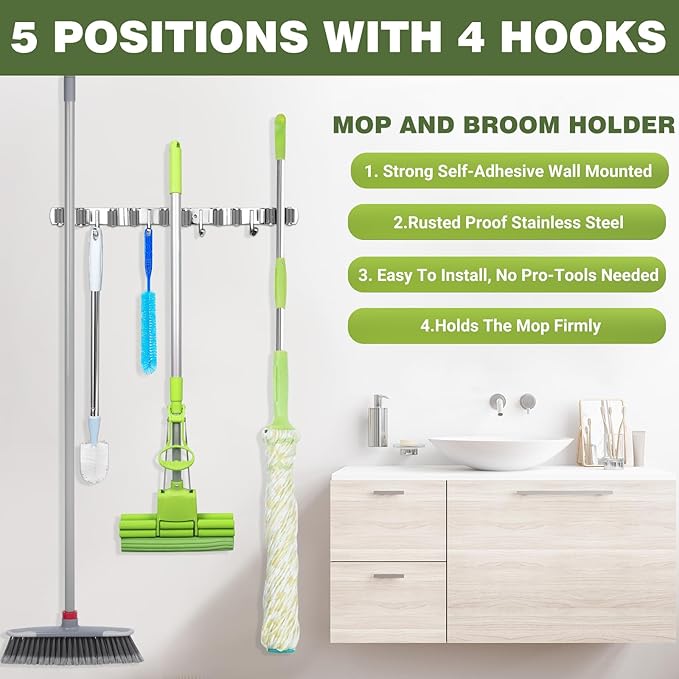 Broom Holder Wall Mount, Broom Organizer Wall Mount Stainless Steel Broom and Mop Hanger Heavy Duty Storage Organization for Home Kitchen Garden Garage Room 5 Racks 4 Hooks (2PACK)(Grey Racks)