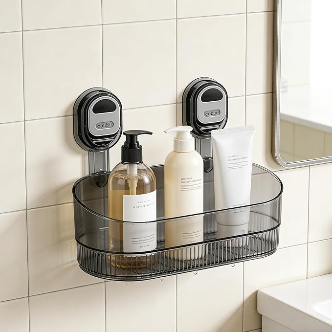 No-Drill Bathroom Suction Cup Storage Shelf - Waterproof Large Capacity Organizer Rack with Strong Suction & Easy Installation for Shower, Toilet, Vanity, Countertop (Gray)