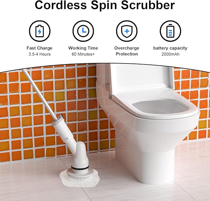 Electric Spin Scrubber, Cordless Floor Scrubber with 5 Replaceable Cleaning Brush Heads and Extension Handle for Tub, Tile, Shower, Kitchen