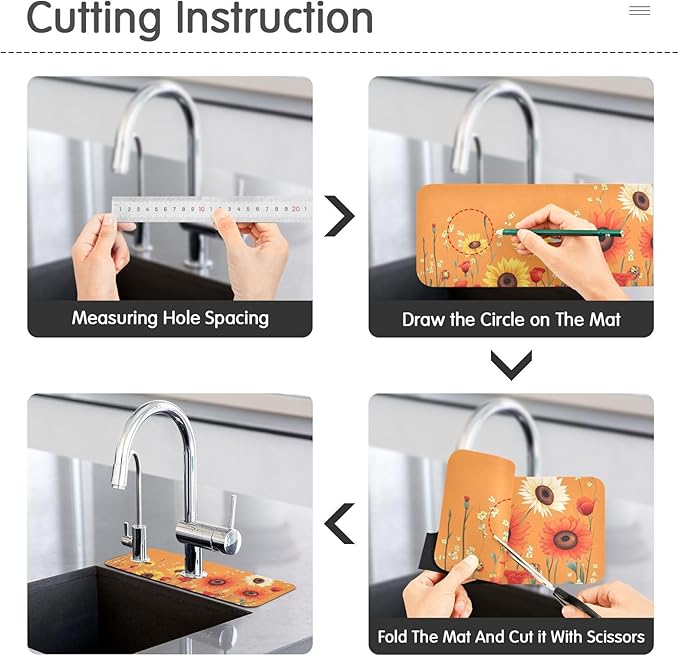 Cartoon Orange Sunflowers Poppy Kitchen Sink Splash Guard Faucet Mat Diatomite Absorbent Pad for Bathroom RV 30x5.4in 1PCS water