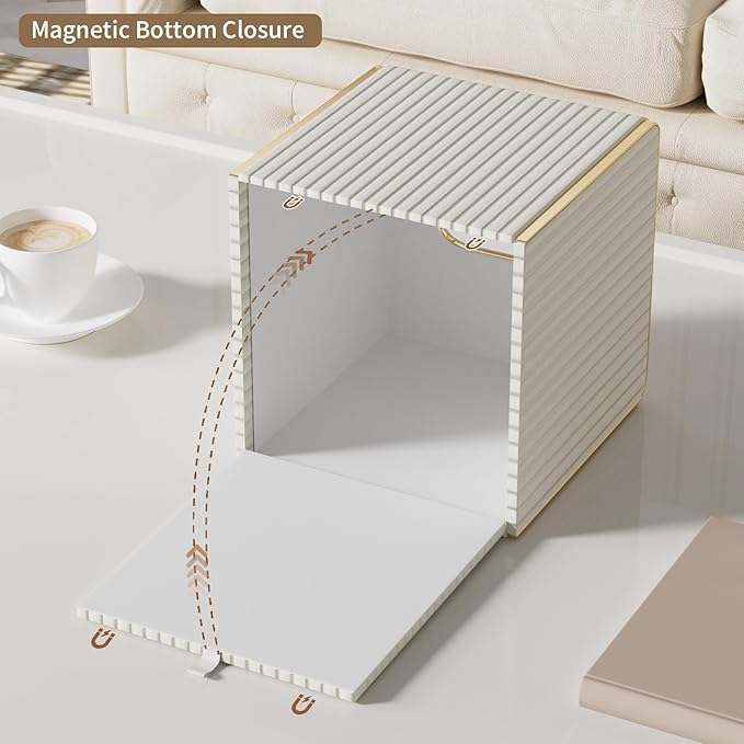 Tissue Box Cover,White Square Leather Tissue Box Holders with Gold-Tone Edging Decoration, Tissue Vessel for Bathroom Toilet Bedroom Living Room Table Desk Office,Modern Home Decor