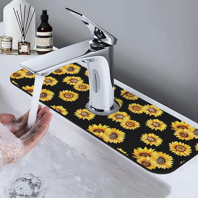 Faucet Draining Mat For Kitchen Sink, Sunflower Flower Black Diatom Mud Absorbent Drain Pad For Bathroom Kitchen Sink Splash Guard Drying Mat