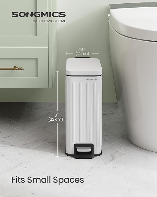 SONGMICS Bathroom Trash Can, 1.6-Gallon (6 L) Trash Bin with Lid, Slim for Small Spaces, Stainless Steel Garbage Can, Soft Close, White ULTB563W02