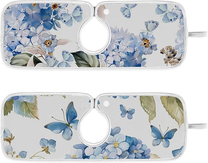 Sink Faucet Absorbing Mat Kitchen Sink Splash Guard Splash Faucet Drip Catcher for Bar RV Bathroom 2PCS 30x5.5in Watercolor Hydrangea Butterfly