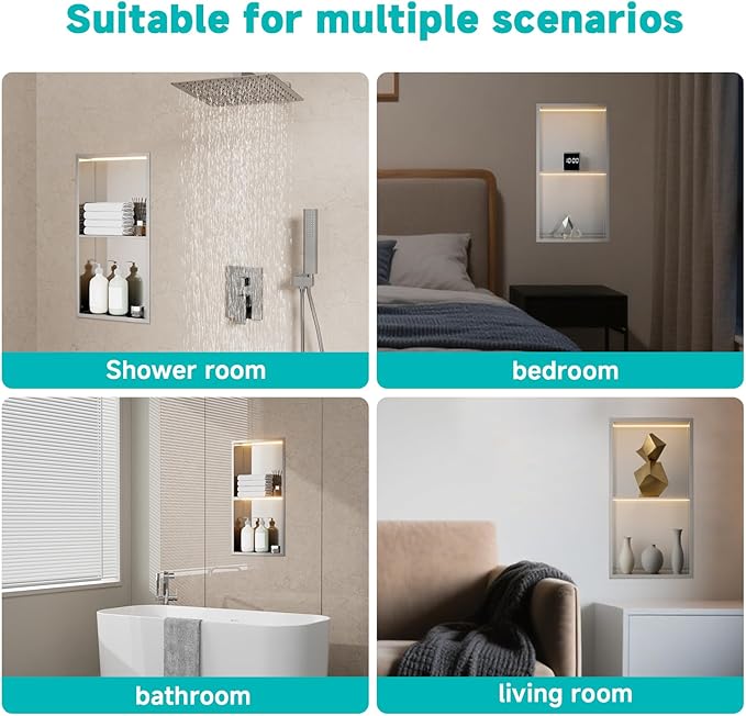 Stainless Steel LED Lights Shower Niche 12"x24" - No Tile Needed Double Shelves Recessed Wall Niche for Bathroom Storage, Brushed